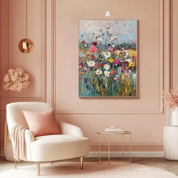 Peinture à l'huile de paysage originale, grande décoration murale florale, œuvre d'art 3D, triptyque