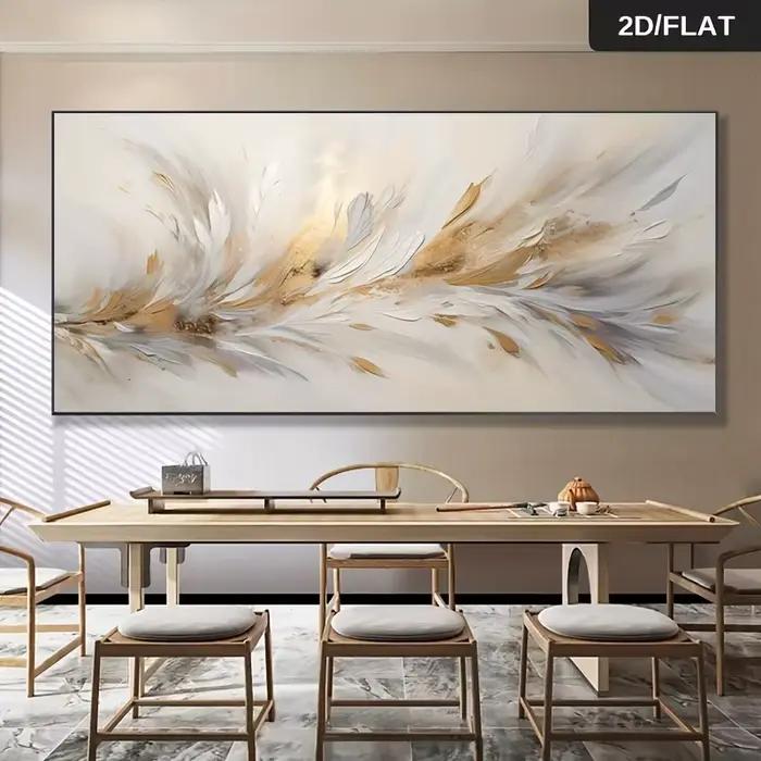 Peinture sur toile abstraite moderne sans cadre - Décoration murale contemporaine dorée, grise et bl