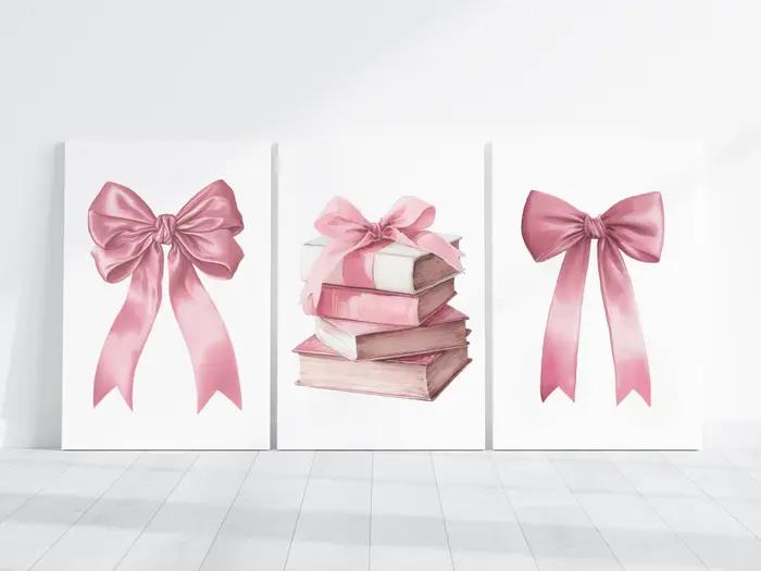 Lot de 3 affiches ou impressions sur toile avec nœuds roses, style tendance Coquette Preppy Girly, d
