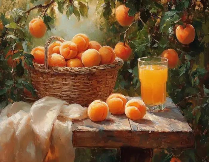 Affiches sur toile de fruits délicieux, abricots, pêches, fleurs, nature morte, peintures et impress