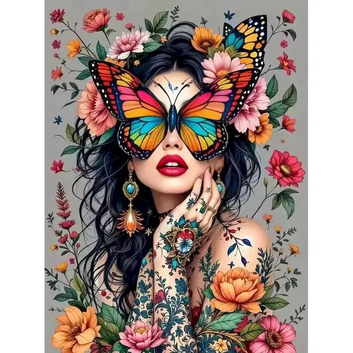 Peinture à l'huile DIY par numéros, motif femme tatouée, dessin numérique par numéros, papillon, cad