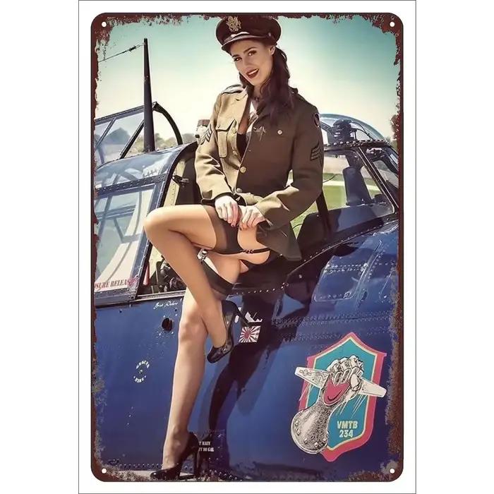 Affiche en métal de fille Pinup militaire Vintage-avion de chasse Sexy, signe en étain rétro pour dé