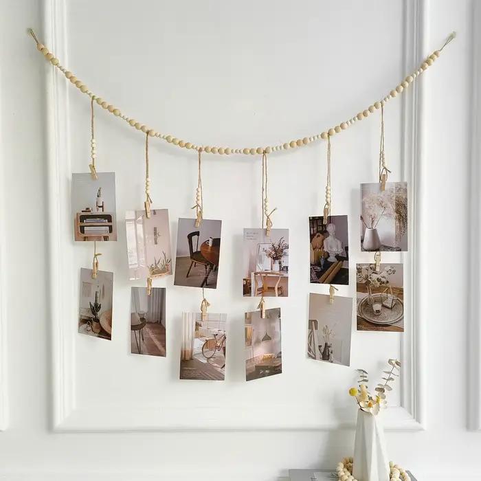 Présentoir de photos suspendu, guirlande de perles en bois, style Boho, tenture murale pour chambre
