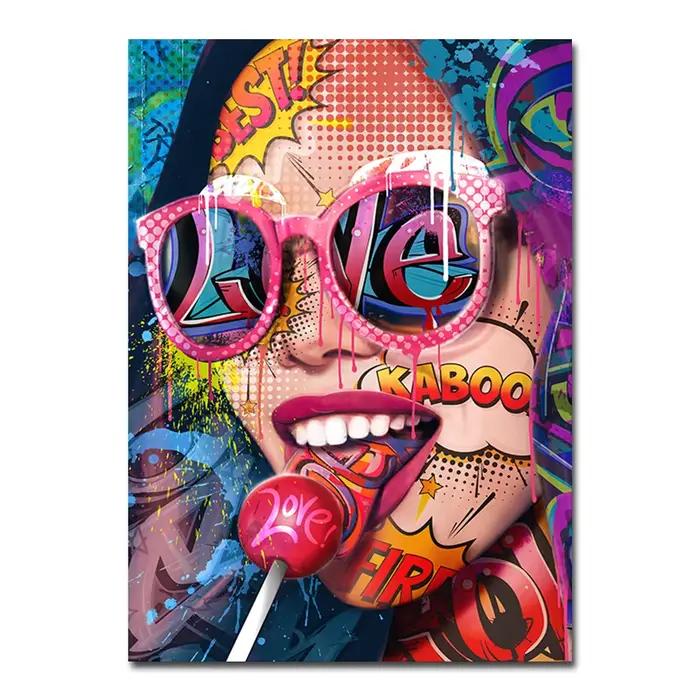 Moderne Pop Graffiti Abstrait Mur Art Cool Filles Manger Sucettes Sexy Femmes HD Huile Sur Toile Aff