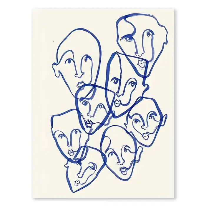 Toile de lignes de visage géométriques bleues abstraites, peinture courbe pour fille, Vase colombe,