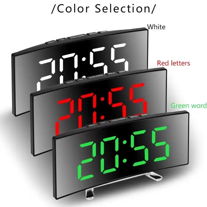 Horloge électronique incurvée créative, grand écran LED, batterie enfichable, réveil miroir à usage