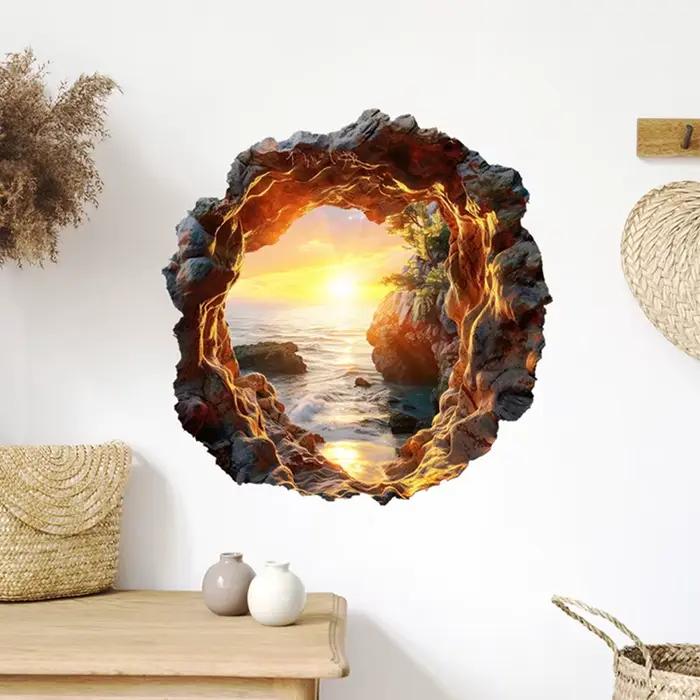 Stickers muraux en vinyle effet soleil levant et mur brisé, vue sur la mer, pour la décoration esthé