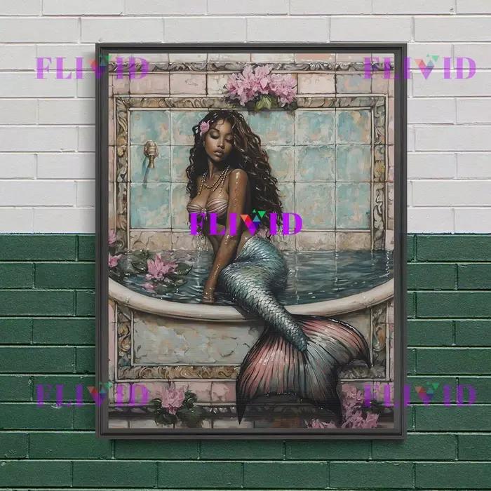 Toile d'art mural abstrait de sirène dans la baignoire, affiche d'art gothique de créatures mytholog