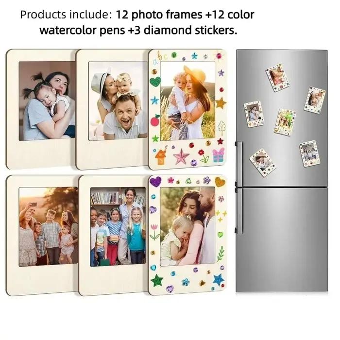 Cadres photo en bois DIY avec autocollants, en bois brut à personnaliser avec des crayons de couleur