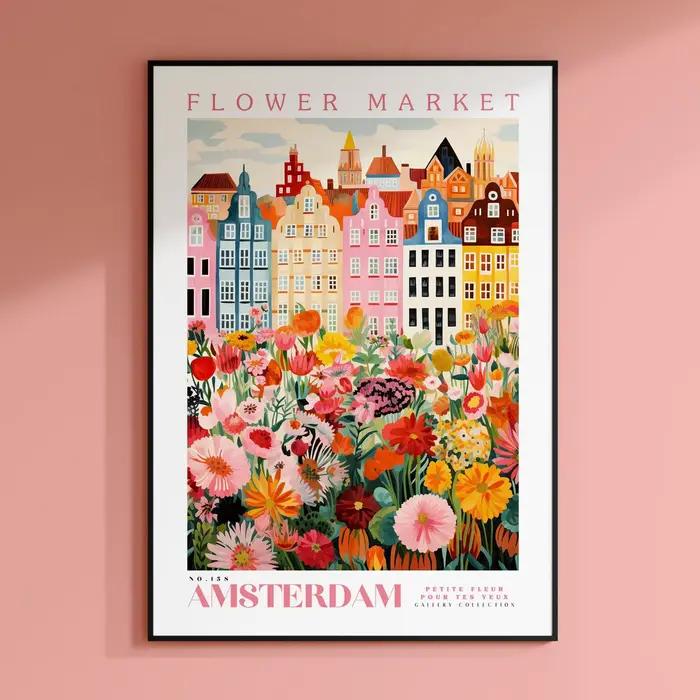 Affiche du marché aux fleurs d'Amsterdam, impression du marché aux fleurs d'Amsterdam, adaptée à la