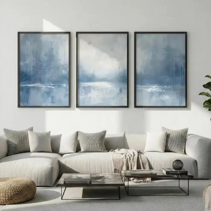 Lot de 3 tableaux muraux abstraits bleu ardoise et blanc, affiches de paysage côtier, forêt brumeuse