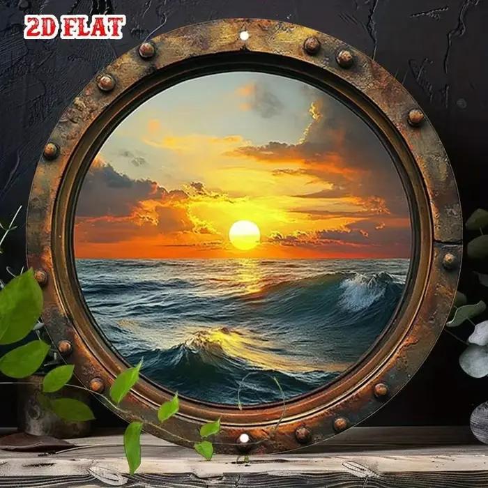 Décoration murale en aluminium, art rond bohème vue sur la mer pour la maison, le jardin, la cuisine