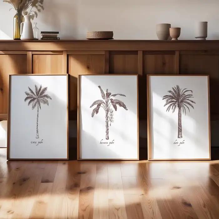 Lot de 3 tableaux sur toile Thème Palmiers et Côtier, Style Minimaliste Estival, Surf, Plage, Décora