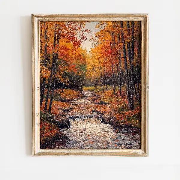 Affiche de paysage naturel d'automne, champ doré, arbre, forêt, paysage d'automne rustique, peinture