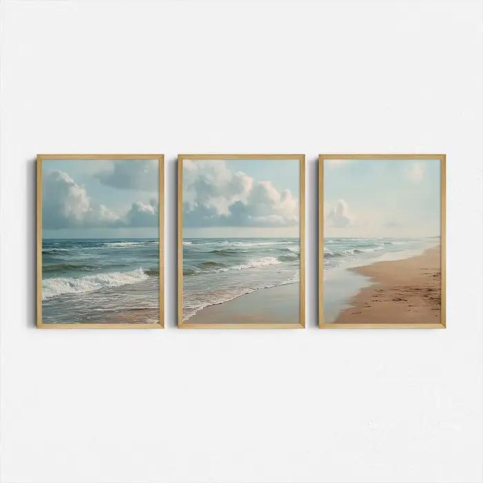 Lot de 3 impressions triptyques sur toile, thème Océan et Plage, Paysage marin côtier, Décoration mu