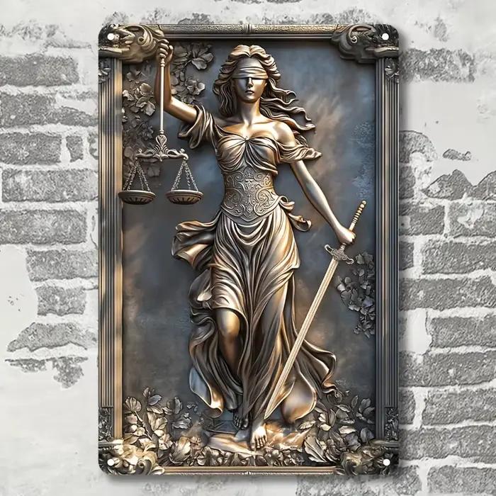 Plaque Murale Vintage en Aluminium, Déesse de la Justice, Écailles Décoratives en Métal pour Bar, Sa