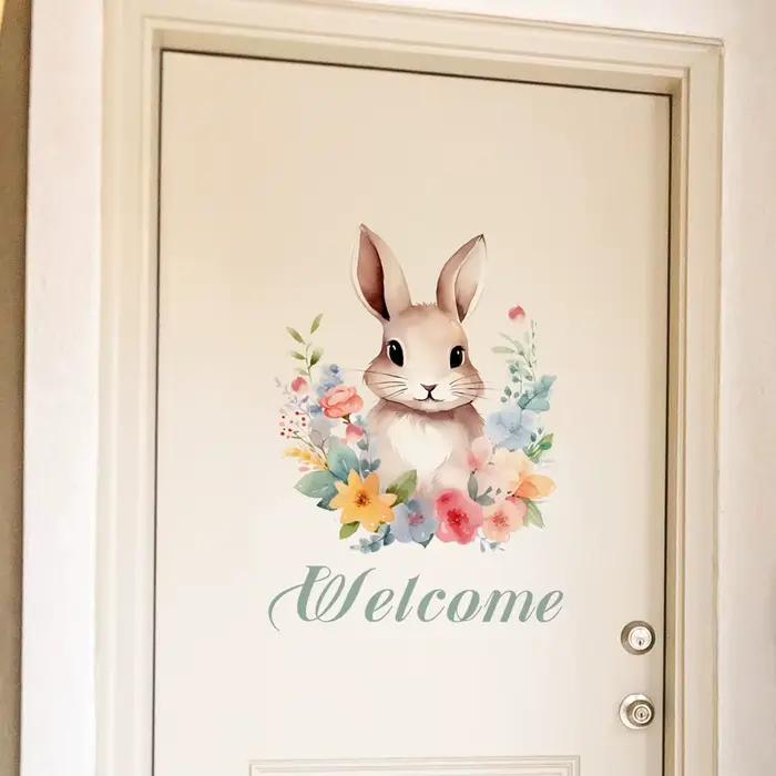 Autocollant de bienvenue lapin de Pâques pour porte, décoration murale pour chambre d'enfant, autoco