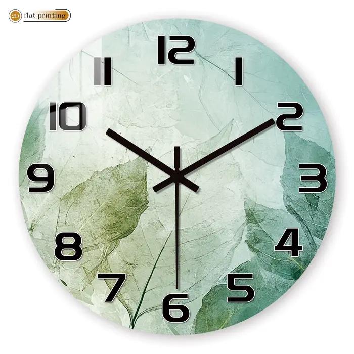 Horloge murale imprimée feuilles vertes fraîches – Motif botanique minimaliste, mécanisme de balayag