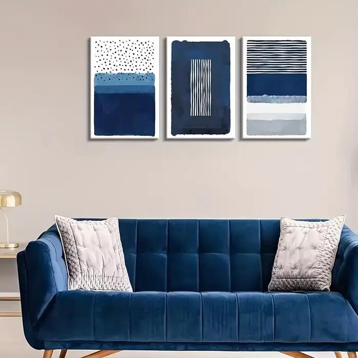 Peinture abstraite bleue et blanche, 3 pièces, toile imprimée, œuvre d'art encadrée, décor mural ble