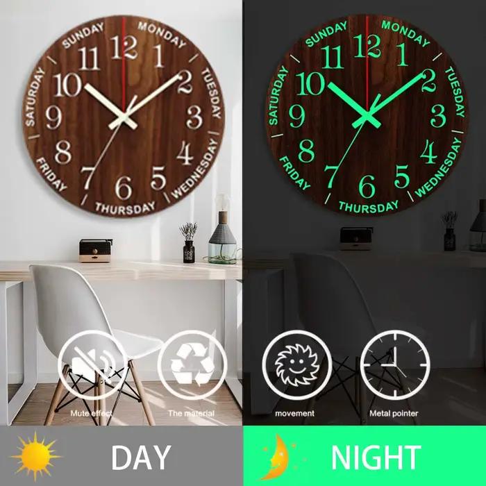 Horloge murale lumineuse en bois de 12 pouces, lumière silencieuse dans la nuit, mode nordique, horl