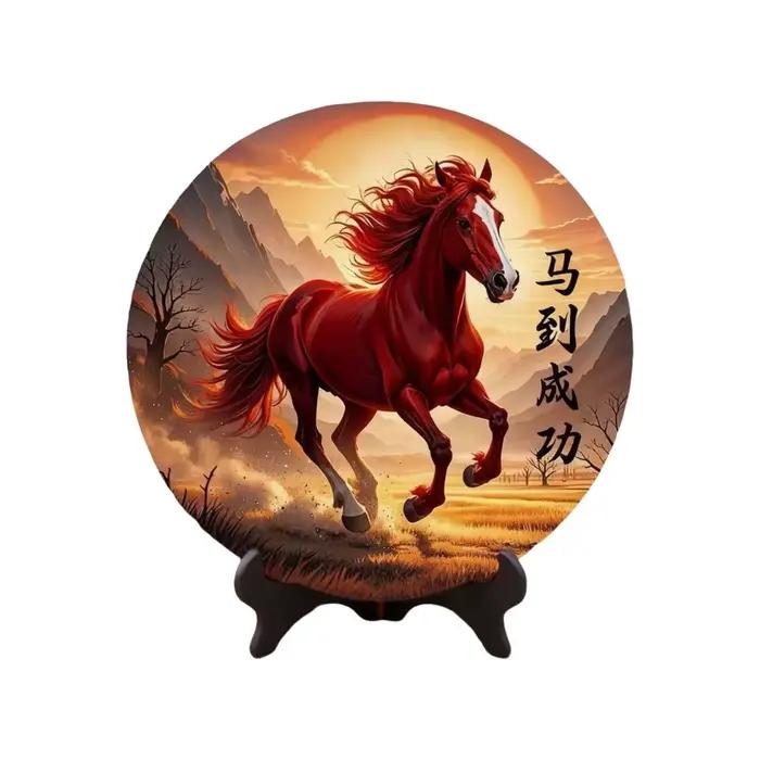 Peintures décoratives de l'année du cheval, ornement rond en bois pour bureau, drôle, porte-bonheur,