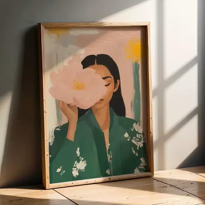 Peinture murale de portrait féminin rétro, affiche sur toile de plante et de fleur rose verte, impre