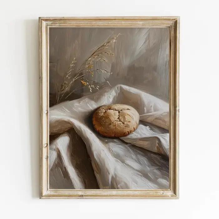 Tableau sur toile vintage sur le thème du pain, du fromage, du vin rouge et des condiments de cuisin