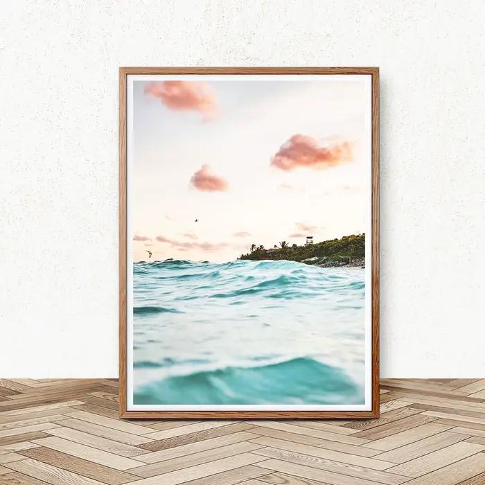 Affiche de photographie de vagues d'océan, horizon de mer, plage bleue, paysages marins côtiers, pei