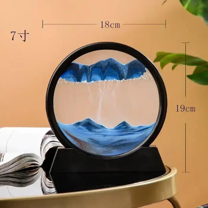 Tableau d'art dynamique en verre rond avec sable marin profond, ornement paysage aquatique fluide, p