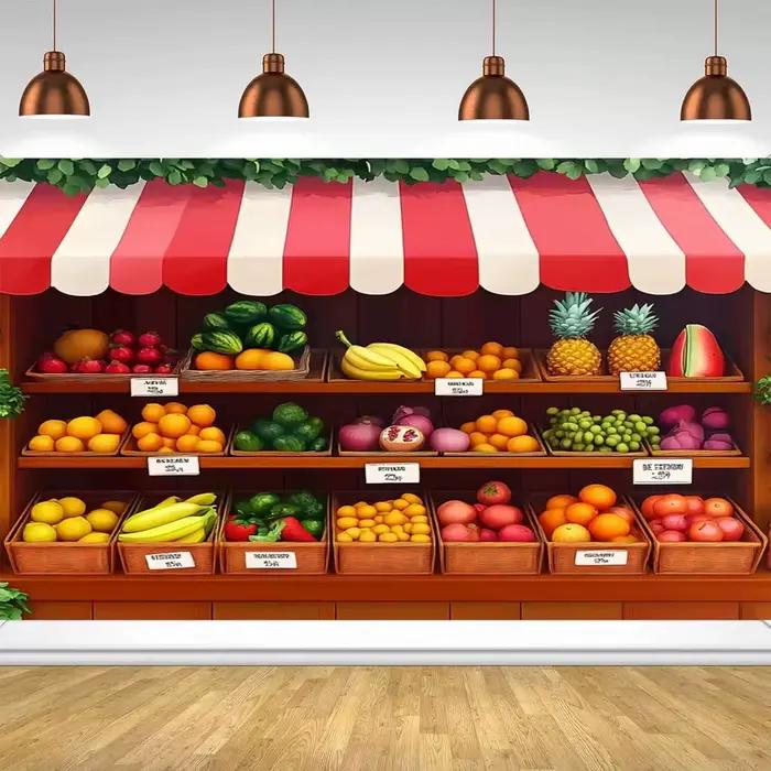 Décor de fête à thème de fruits et légumes, arrière-plan multifonctionnel, stand de fruits et légume