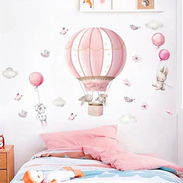 Autocollants muraux de nuages de ballon rose de lapin mignon de dessin animé, 2 pièces, décor de cha