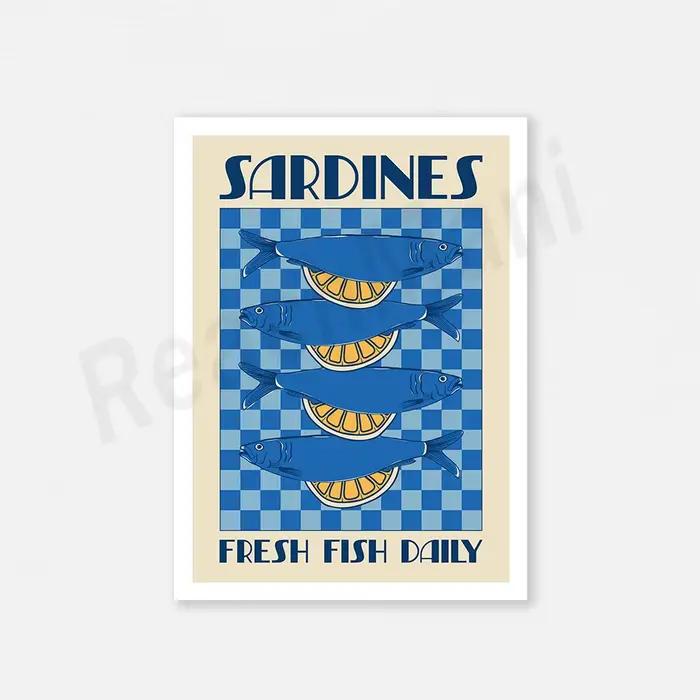 Sardine vintage, crabe, affiche de homard, impression médiévale, art de poisson, nourriture français