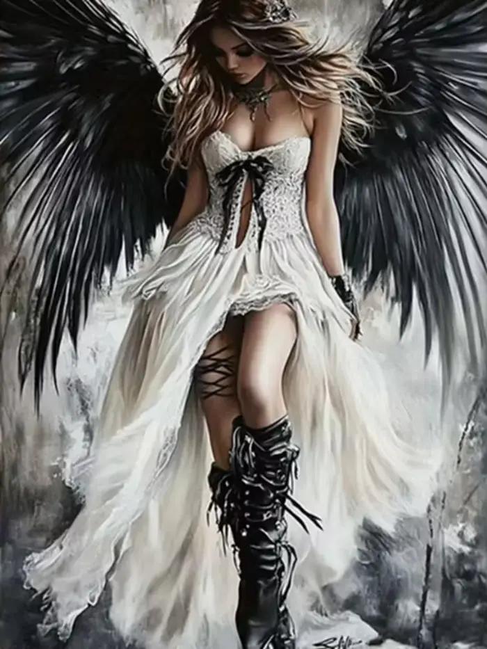 Peinture diamant ange foncé fantaisie murale-ailes noires gothiques femme en robe blanche pour la dé