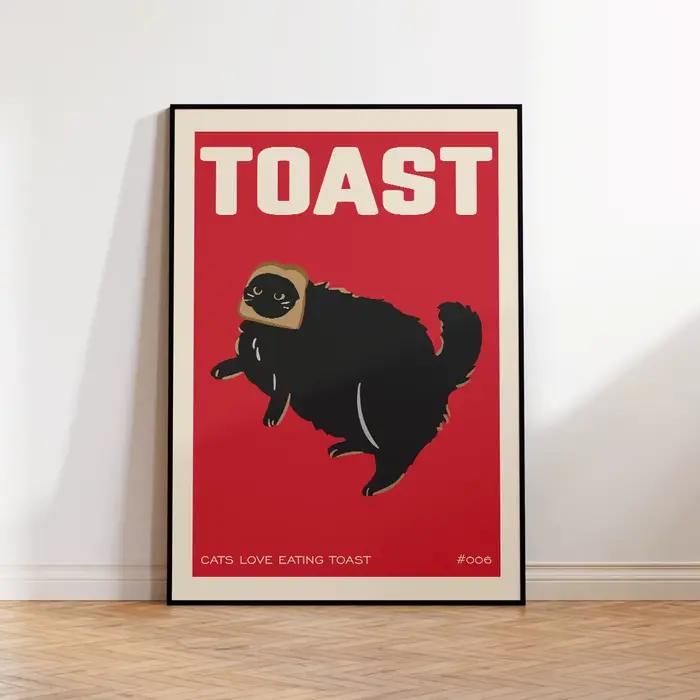 Affiches de peinture sur toile pour la décoration intérieure, chat noir, petit déjeuner, toast, cade
