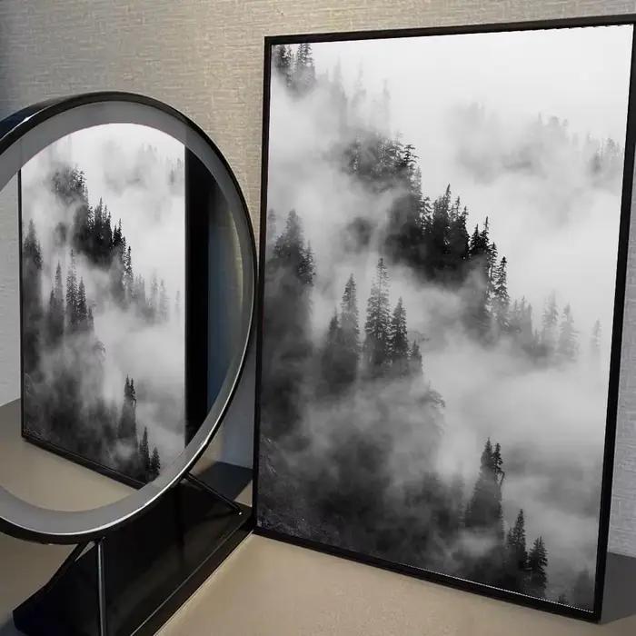 Affiche autocollante en papier imperméable, 1 pièce, paysage de forêt brumeuse noir et blanc, décora