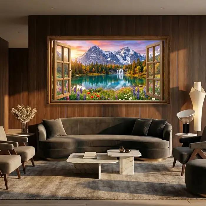 Vue sur le lac de montagne depuis une fenêtre ouverte, toile, art mural, cascade et fleurs sauvages,