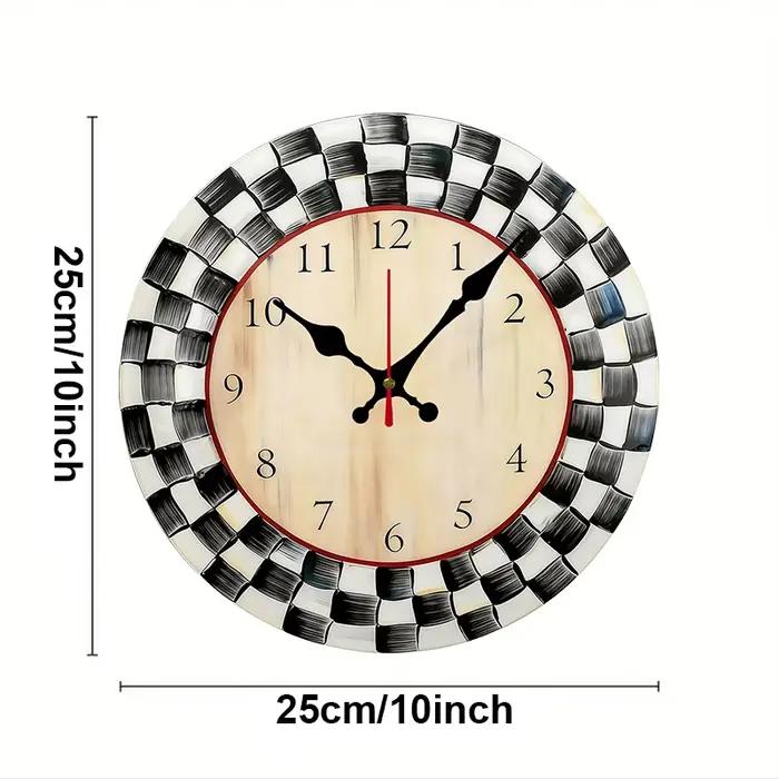 Horloge murale suspendue silencieuse ronde en bois à grille noire et blanche, adaptée au salon, au b