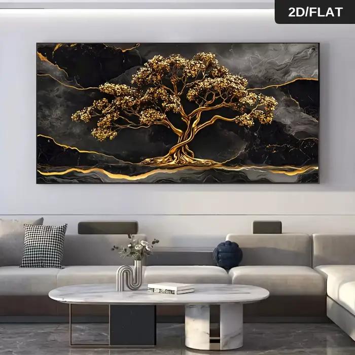 Toile d'art mural en marbre d'arbre doré abstrait moderne sans cadre, peinture dorée et noire de gra
