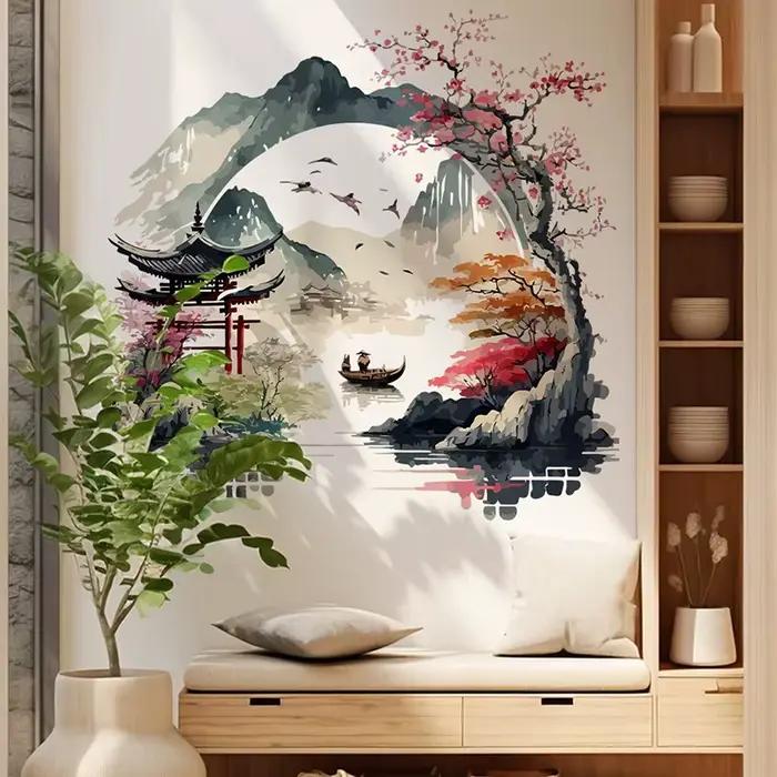 🎊 Autocollant mural Paysage Oiseaux Montagne Rivière pour Fond de Mur, Chambre, Cuisine, Réfrigéra