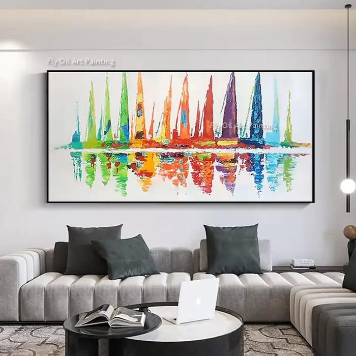 Toile murale épaisse avec voiliers colorés de la mer blanche, nouvelle peinture à l'huile moderne si