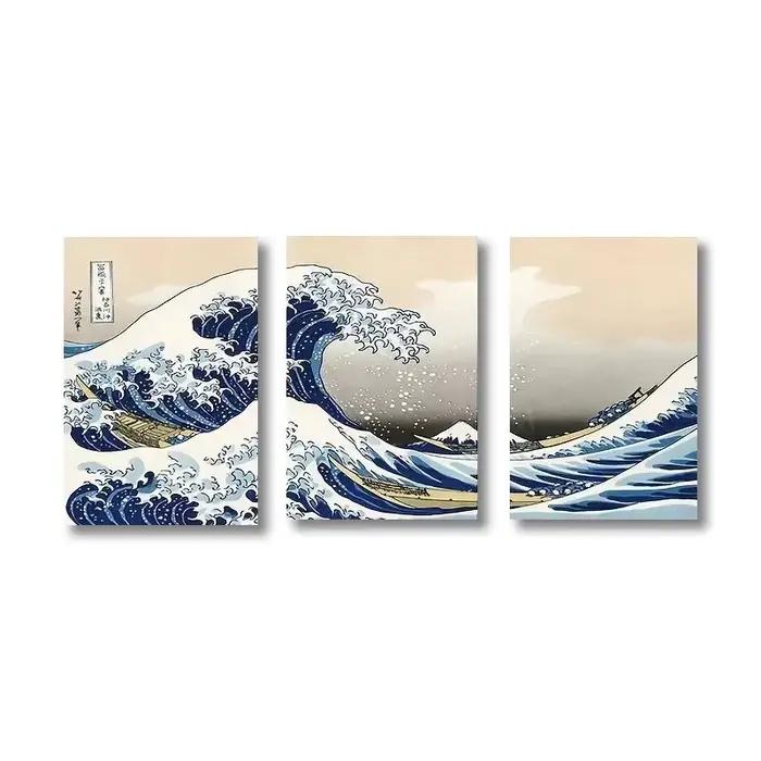 Ensemble de 3 peintures sur toile de style japonais, imprimés d'art mural des vagues de Kanagawa pou