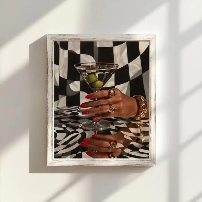 Art mural rétro Martini, Peinture de chariot de bar avec femme noire, Affiche de mode noire, Femme n