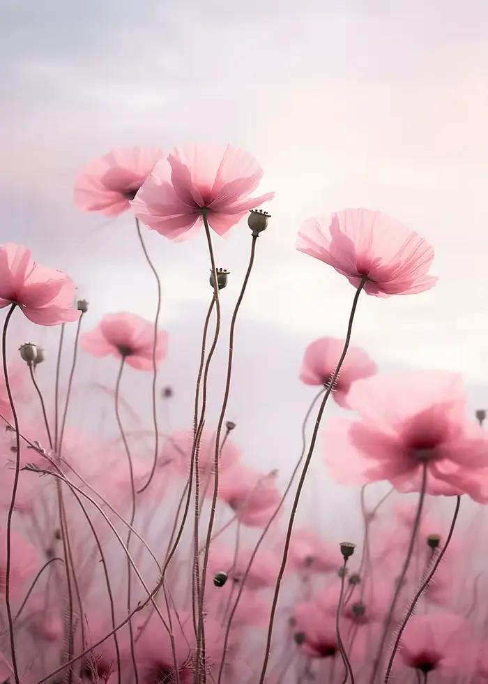 Affiches de champ de fleurs de cosmos roses délicates, impressions florales d'hortensias de prairie