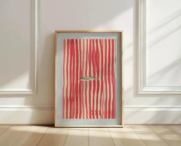 Toile de sardines en conserve rose imprimée, affiche d'art mural esthétique de pêcheur de sardine po
