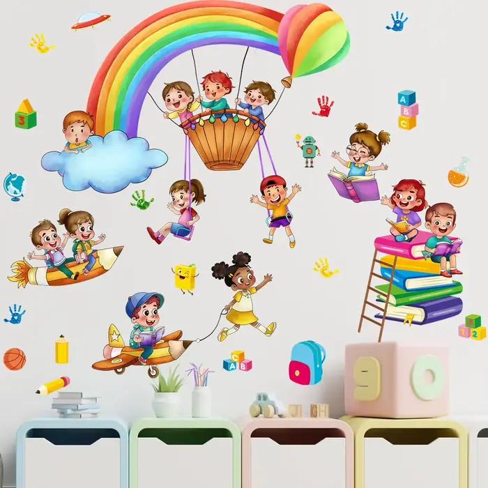 Dessin animé enfants jouent jeu arc-en-ciel autocollant mural auto-adhésif école salle de classe aut