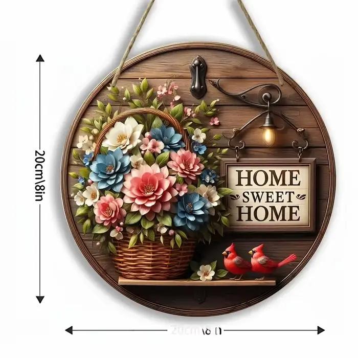 Couronne florale de printemps 2D, Art mural rond en bois, décor supplémentaire de 8 pouces pour Bar,