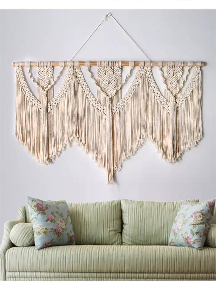 Grande tapisserie murale suspendue en macramé avec bâton en bois, rideau à pampilles bohème tissé à