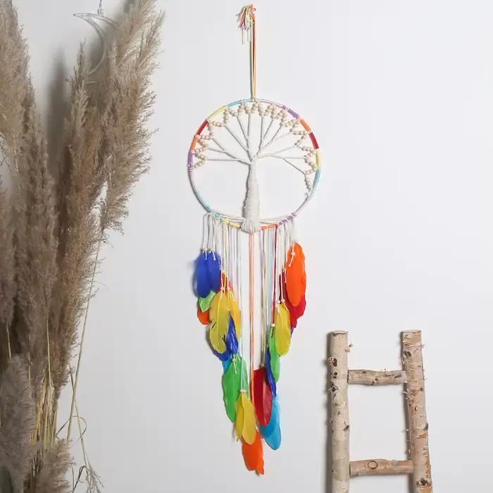 Attrape-rêves tissé coloré, pour décoration murale, filet circulaire, décoration murale de chambre à