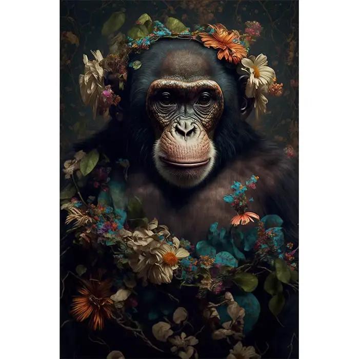 Affiche d'Animaux de la Jungle avec Cadre, Fleur, Chimpanzé, Gorille, Renard Neige, Girafe, Peinture