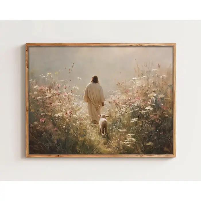 Affiche sur toile Jésus et les moutons, style vintage, art religieux et de la foi, pour décoration m